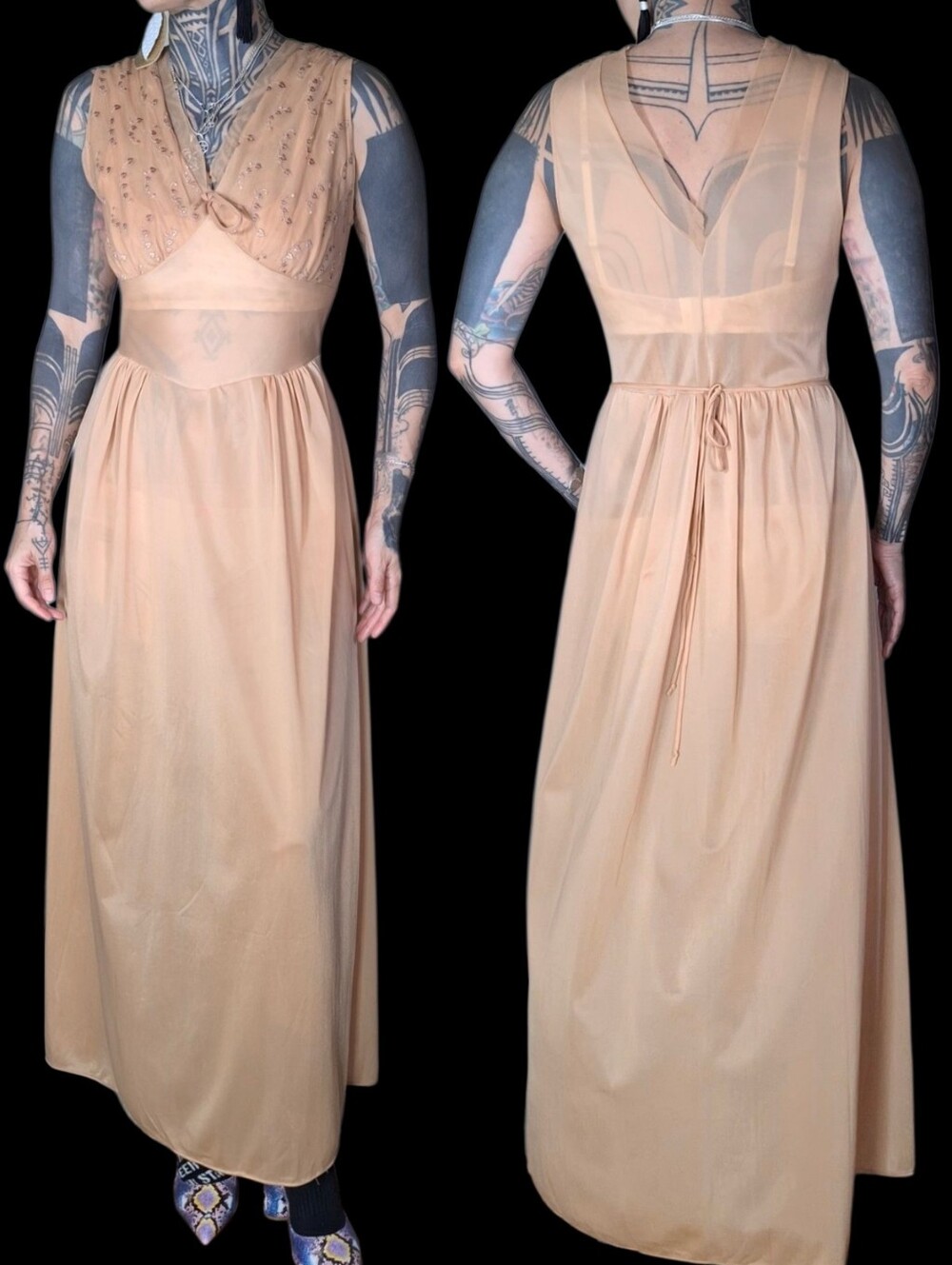 Vintage 70s Texsheen Sheer Maxi Slip Dress XS Loungewear Ethereal Goddess Boho